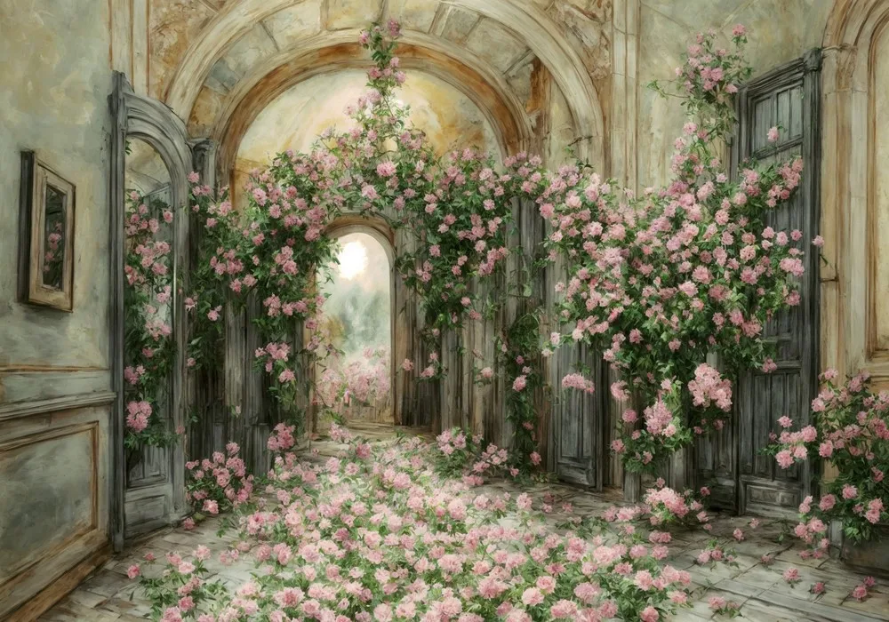 

Johnson flower pink rose arched door palace backdrops High quality computer print wedding Photography Studio Backgrounds