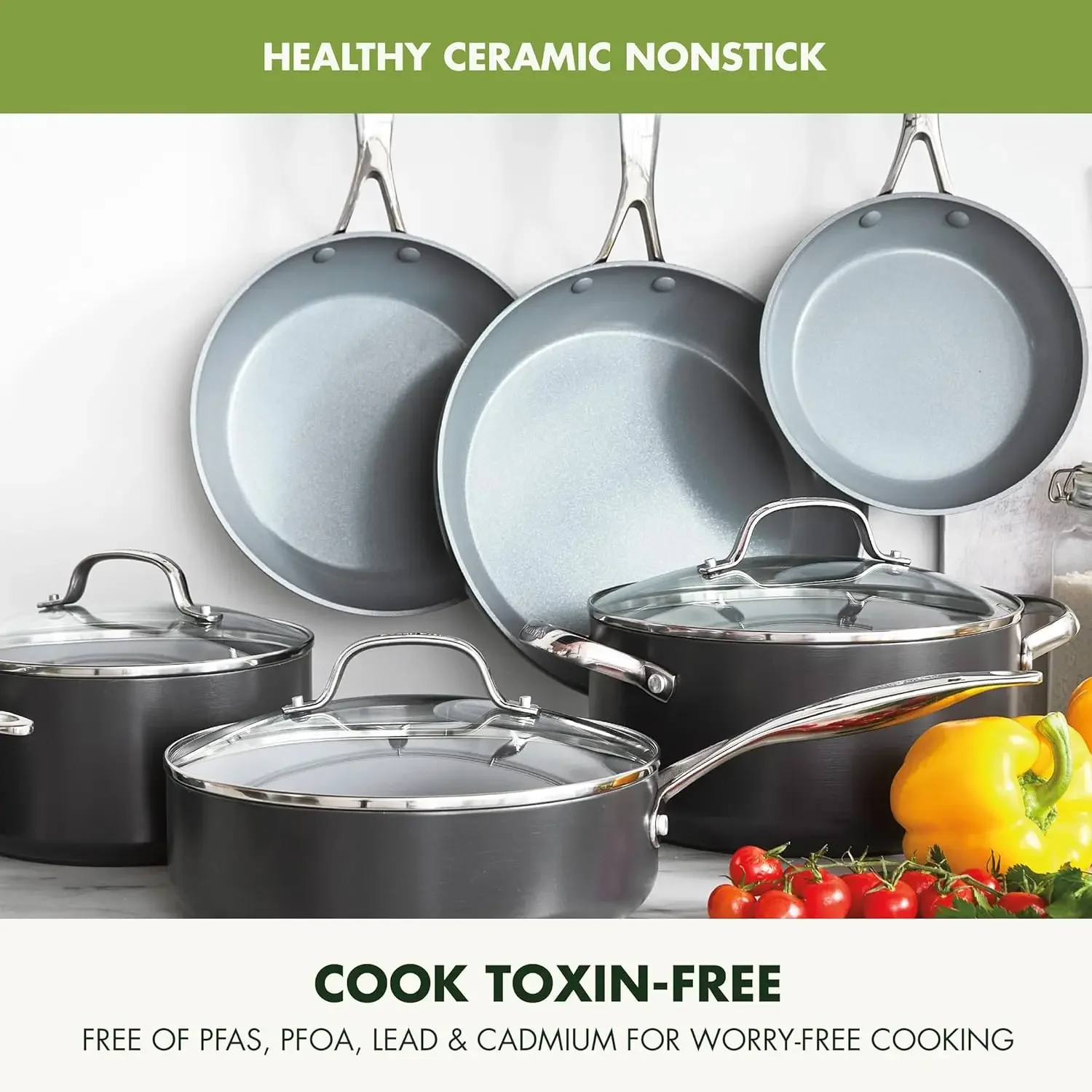 Hard Anodized Healthy Ceramic Nonstick 11 Piece Cookware Pots and Pans Set,PFAS-Free, Induction, Dishwasher Safe,Oven Safe, Gray