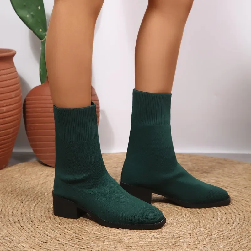 2026 Neue Einfarbige Damen-Strickstiefel bis zur Wadenmitte, Modische Stiefel mit Quadratischem Absatz, Elastische Stiefel für Herbst, Outdoor, Slip-on, Partyschuhe, Größe 43 – Detail 17