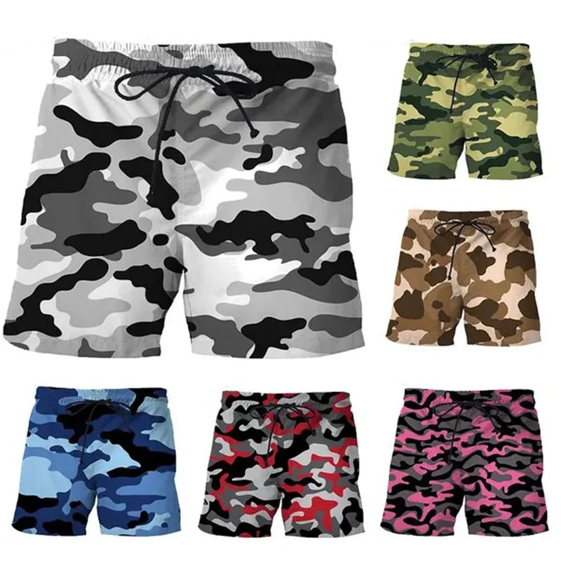 Camuflagem masculina estampada em 3D, calça esportiva ao ar livre, moda unissex, calção de natação casual, calção de praia, roupas