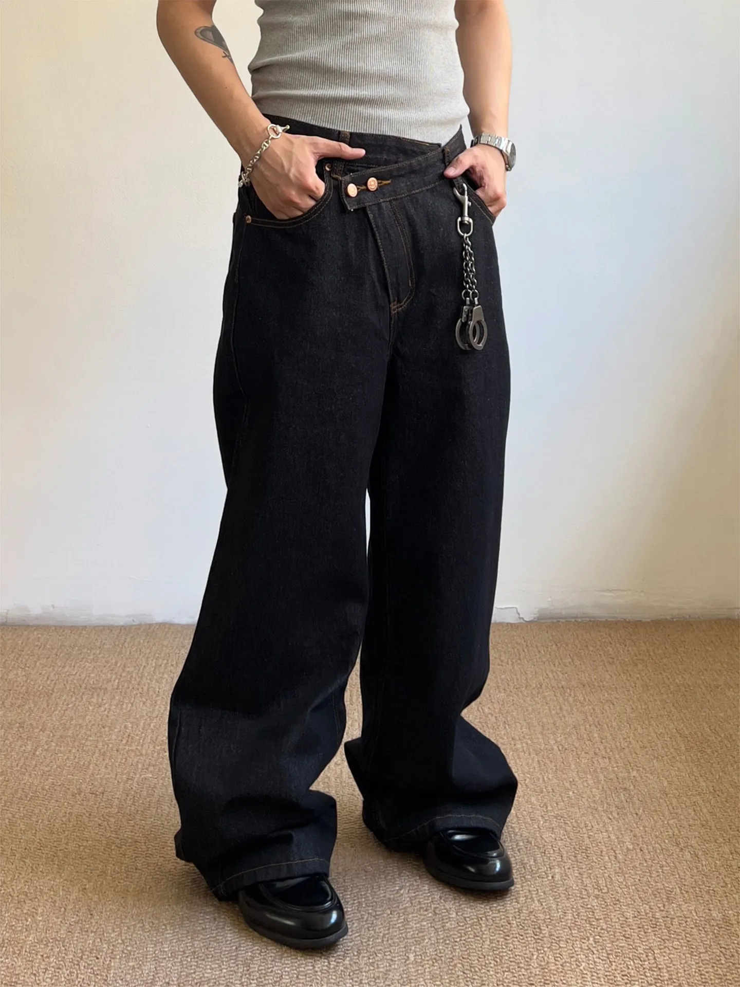 American High Street Vibe Vintage Irregular Design Jeans Men's Loose Straight Casual Wide Leg Pants All Seasons Comfortable Fit