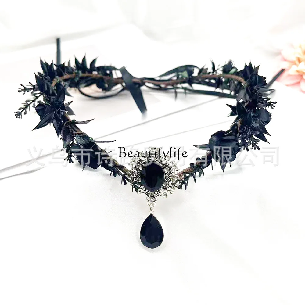 Black Rose Headband Halloween Gothic Headgear Vintage Elf Eyebrow Pendant Wreath