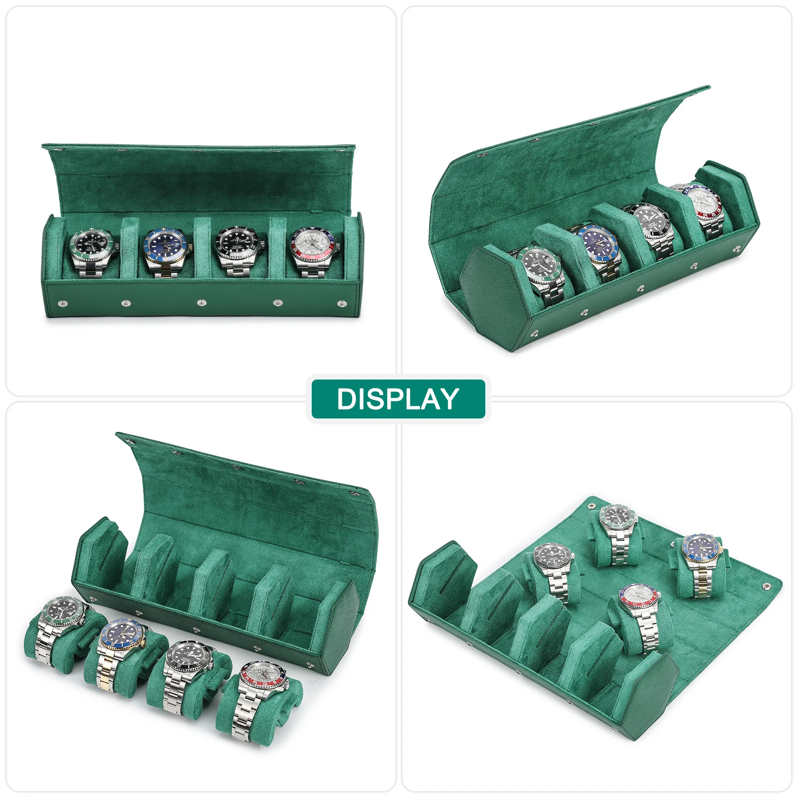 Orologio Traval Case Box Organizer 4 Slot Custodia per orologio portatile con cerniera in vera pelle Bracciale Scatola di visualizzazione verde