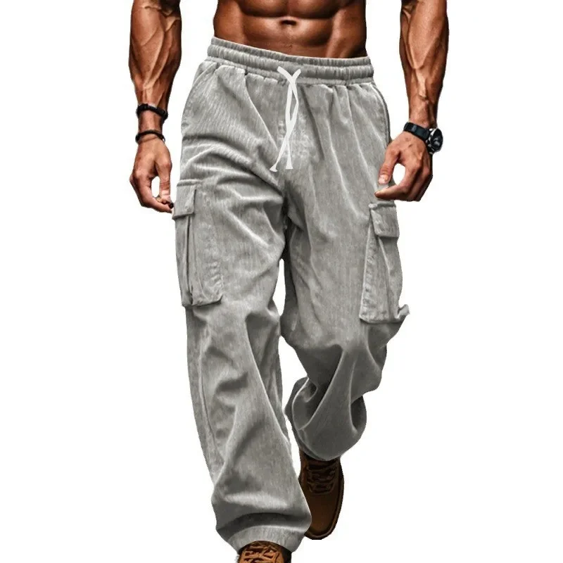 

GELITAYIN Autumn Men's Corduroy Pants Wide Legs Multiple Pockets Straight Pants Solid Multi-color Casual Chic Streetwear Breatha