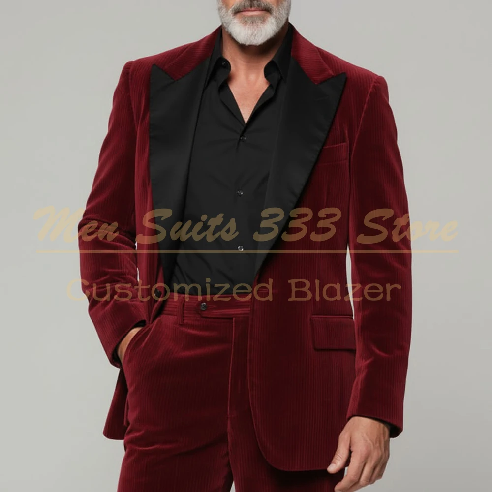 

Elegant Burgundy Corduroy Suits for Men Luxury Single Breasted Peak Lapel Slim Fit 2 Piece Jacket Pants Outfits Customized Sets