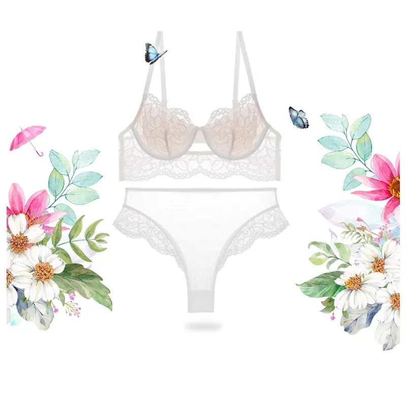Reggiseno a rete trasparente Minimizzatore busto grande Ultra sottile Vedere attraverso ferretto Anti cadente Push Up Set di lingerie sexy Donna S-XL MOYISU AB
