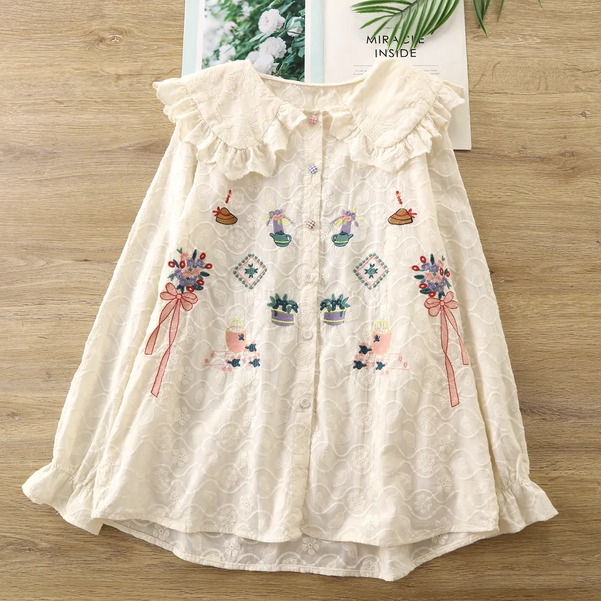 

2025 Japanese style women's clothing mori girl spring peter pan collar white beige cartoon embroidery shirts and blouses