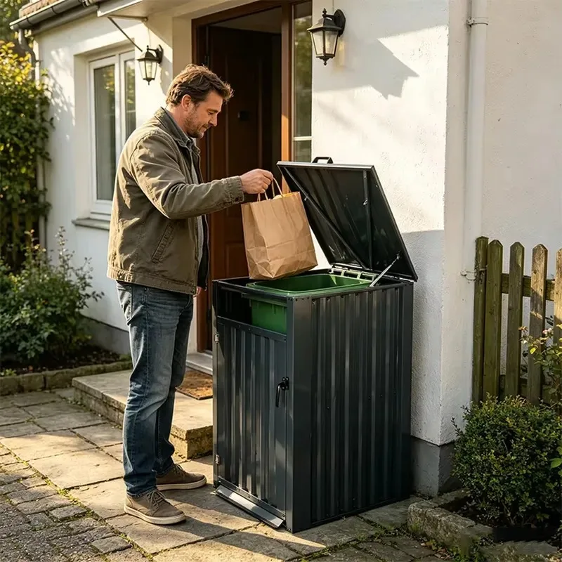 Outdoor Waterproof Metal Trash Can with Double Door Steel Storage Box for Furniture Waste Bin