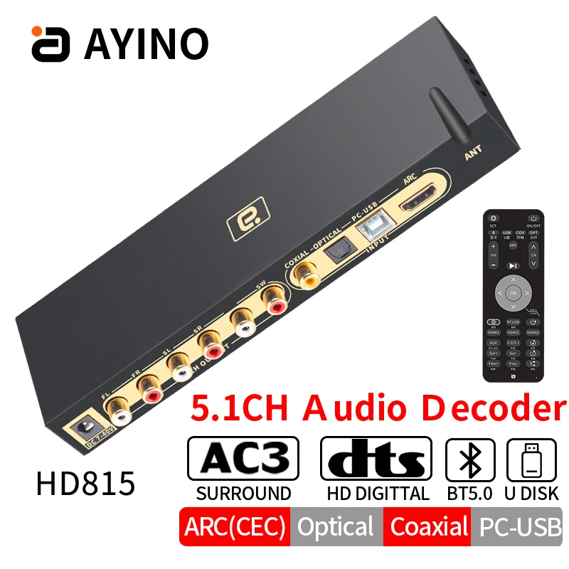 

5.1CH Audio Decoder Bluetooth 5.0 DTS AC3 Surround hard decoding ARC Extractor Converter with CEC Splitter PC-USB SPDIF Coaxial