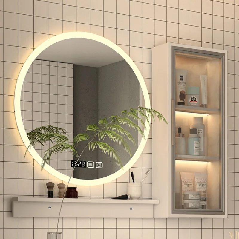 Wall-Mounted Solid Wood Smart Bathroom Mirror Cabinet Separate Mirror with Light Anti-Fog Bathroom Simple Storage Box