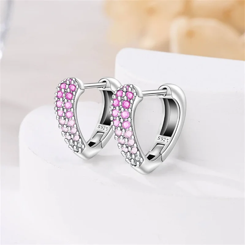 Original 925 Sterling Silver Pink Gradient Heart-Shaped Hoop Earrings Sparkling CZ Zircon Earrings Women Birthday Jewelry Gifts view 4