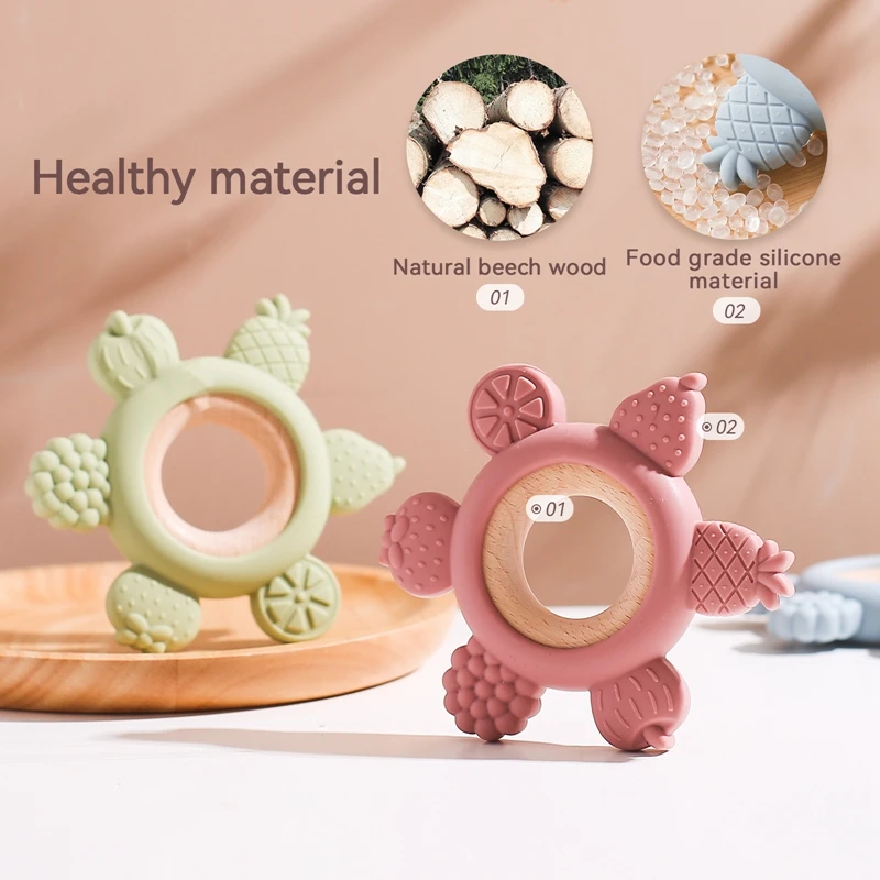 1PC Baby Silicone Teether Toy Food Grade BPA Free Fruit Shape Wooden Ring Teething Ring Toys Chewing Accessories Toys Baby Gifts