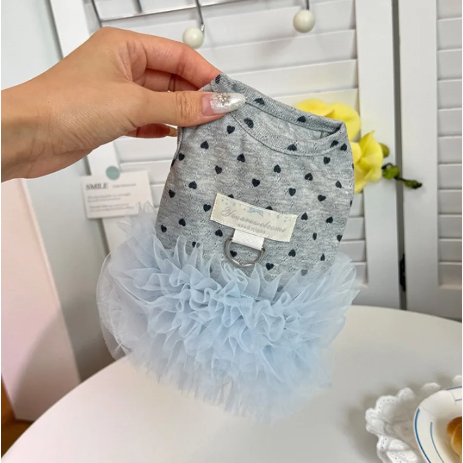1 Stück süßes, herzförmig bedrucktes Chiffon-Hundekleid, grau mit Blattring, Haustiergeschirr-Kleid für kleine Hunde – Detail 5
