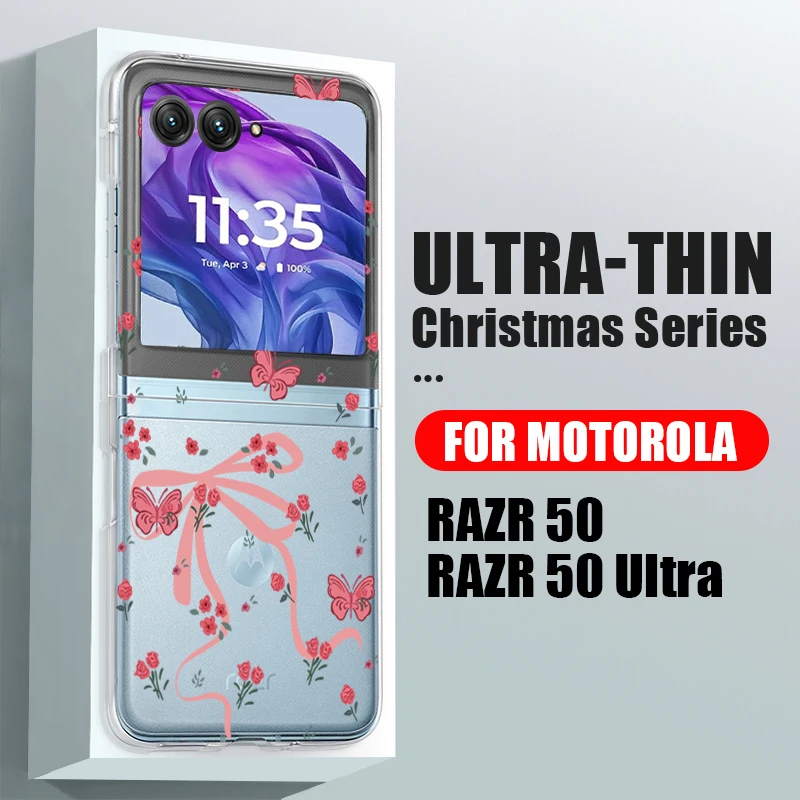 

Жесткий складной чехол из ПК для Motorola Razr 50 40 Ultra Razr 40 Ultra 50 40, прозрачный противоударный чехол с галстуком-бабочкой и цветами розы