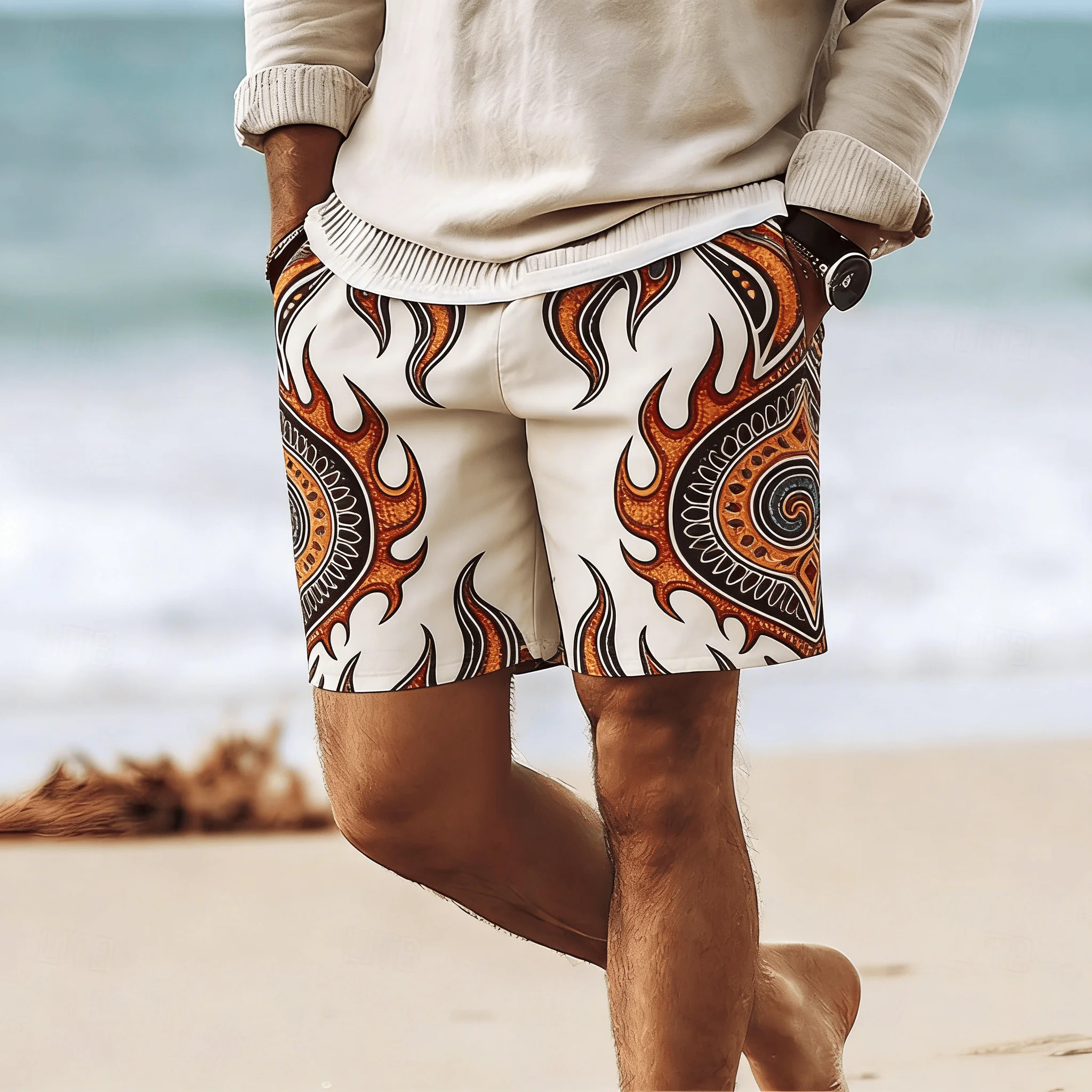 Men's Drawstring Shorts with Ethnic-Style Waves and Diamond 3D Patterns Perfect for Summer Vacations Beach Shorts Hawaiian Style