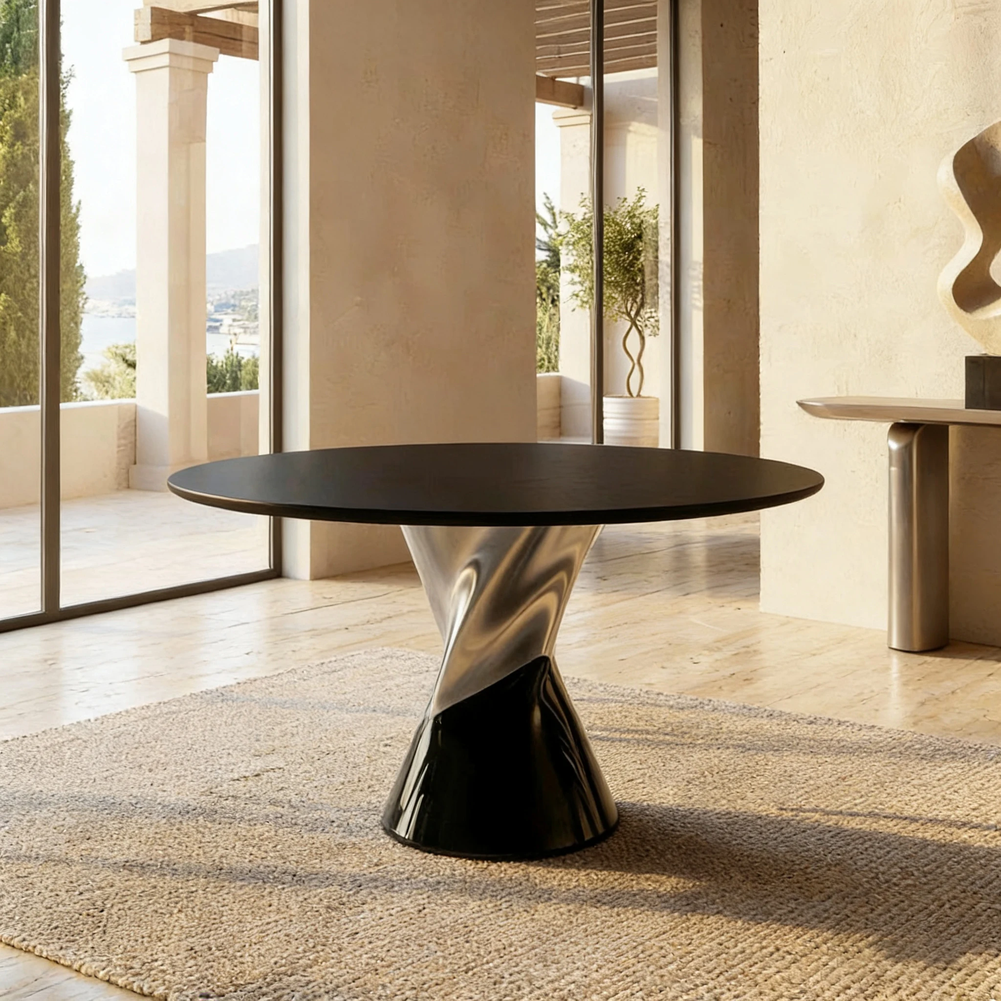 S*-Modern Minimalist Oval Dining Table with Sleek Black Top and Sculptural Twisted Base