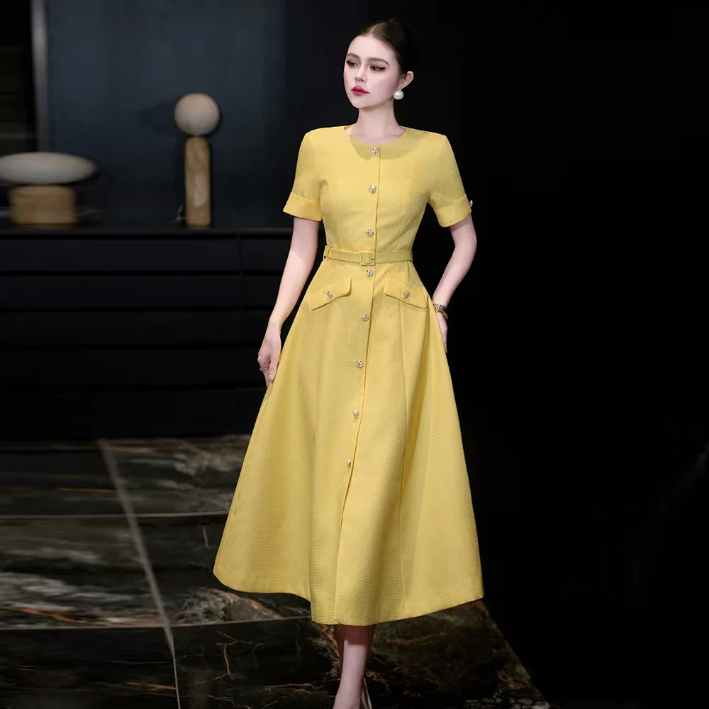 

ZJYT Elegant Spring Summer Midi Dress Woman Yellow Pink Beige Short Sleeve Button Up Casual and Day Dresses Ladies Clothing Robe