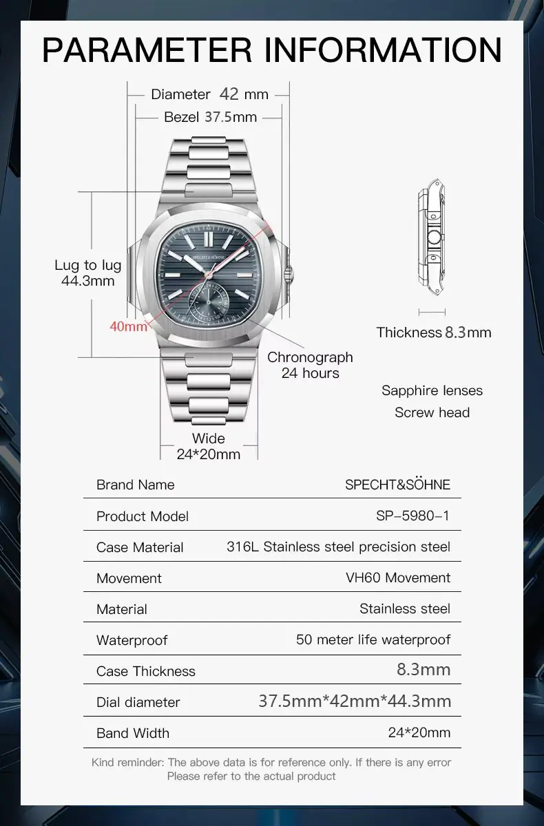 Specht & Söhne Men's Watch Classic 5980 Sports Wristwatch Japan VH60 Quartz Movement Rose Gold Sapphire Crystal 50M Waterproof