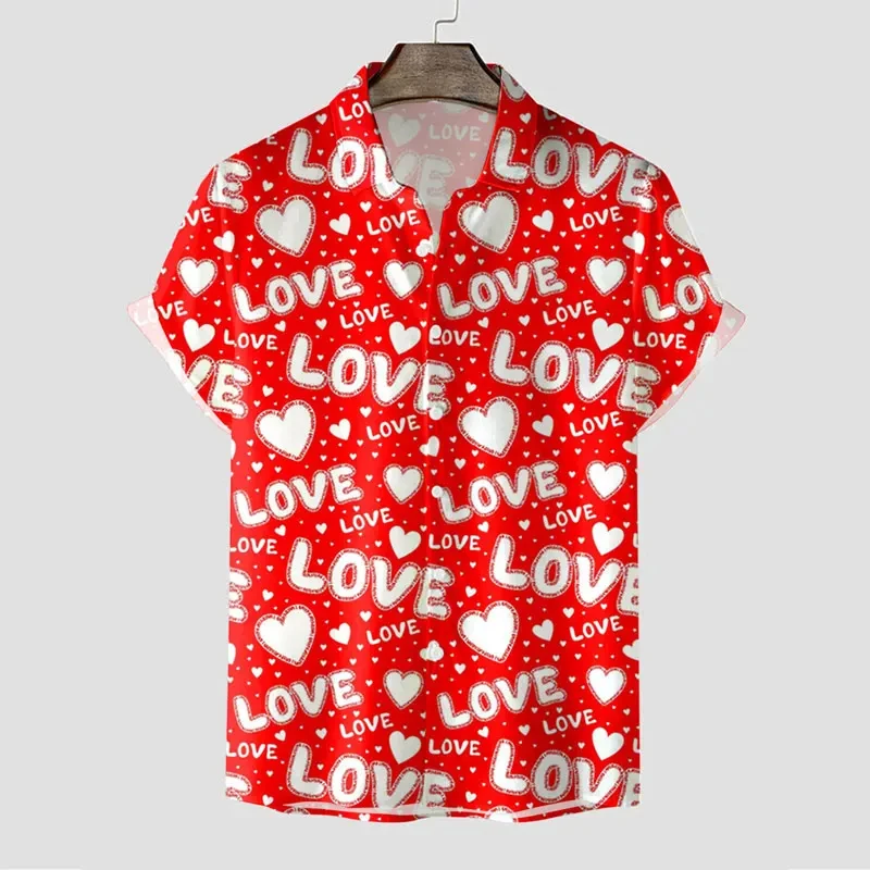 Heart Hawaii Valentine's 3D Print Short Sleeve Mens Fashion Shirts Summer Blouse Men's Clothing Y2K Camisas Casuais Flower Male
