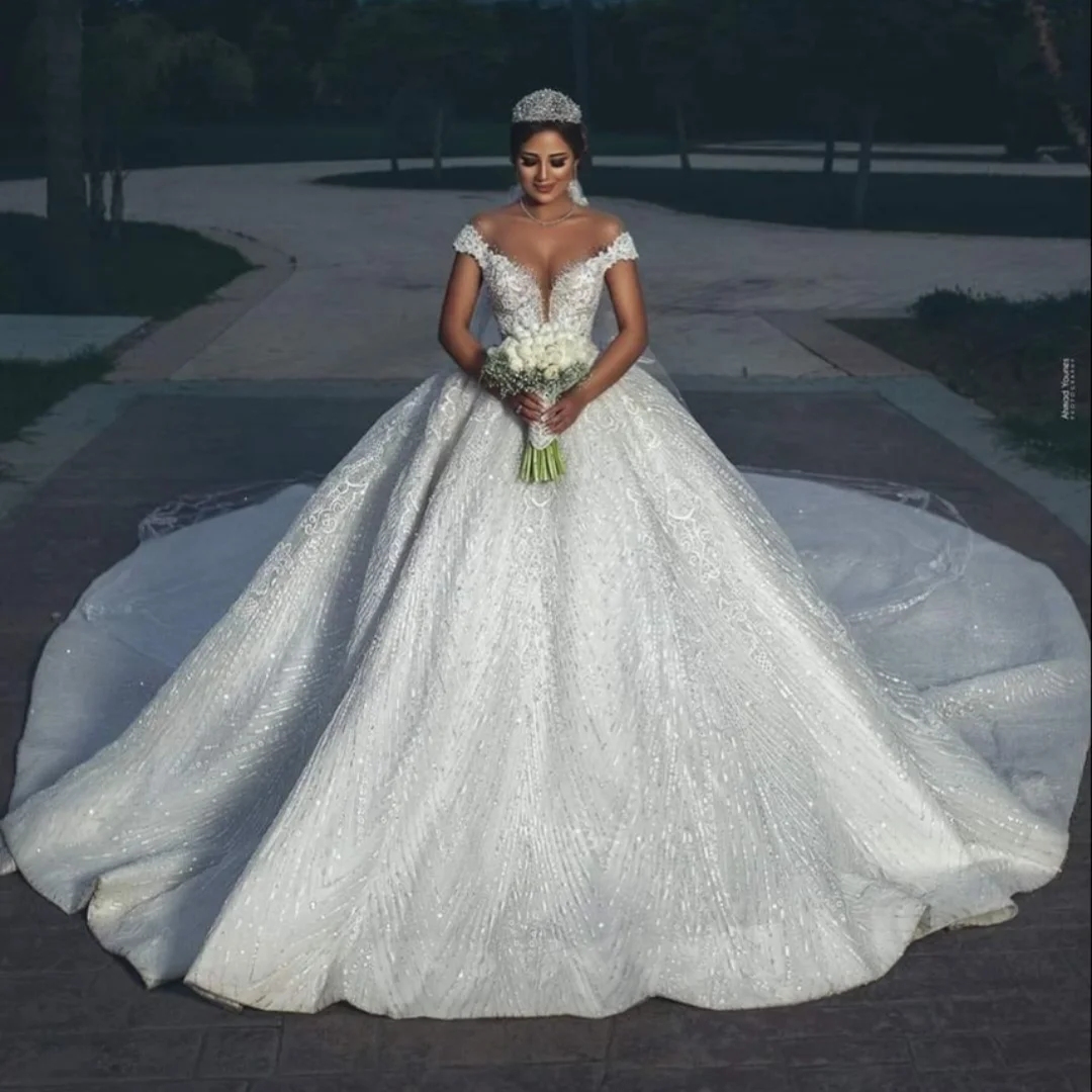 

Custom 2026 New Luxurious And Elegant Wedding Dress With Deep V-Neck Hem Shoulder Strap Pearl Bead Embroidery Vestidos De Novia