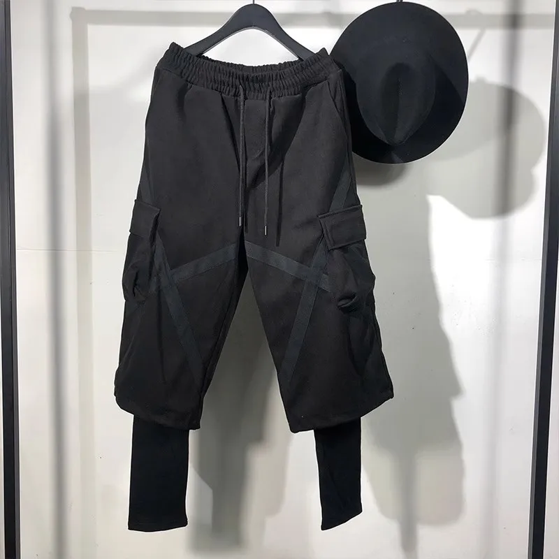 الأصلي الخريف والشتاء الاتجاه الداكن الرجال بسيطة فضفاضة وهمية قطعتين ملابس العمل طماق Harajuku الاتجاه العلامة التجارية عادية سراويلي حريمي #2
