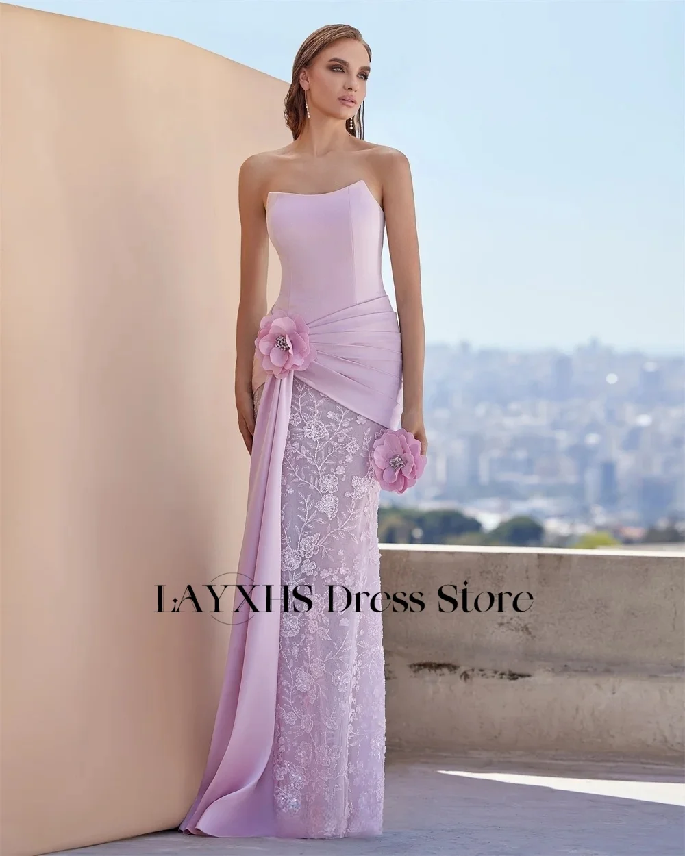 LAYXHS Simples Renda Sereia Vestidos de Noite Rosa Strapless Flores Plissado Vestidos de Baile Personalizados فستانmavera