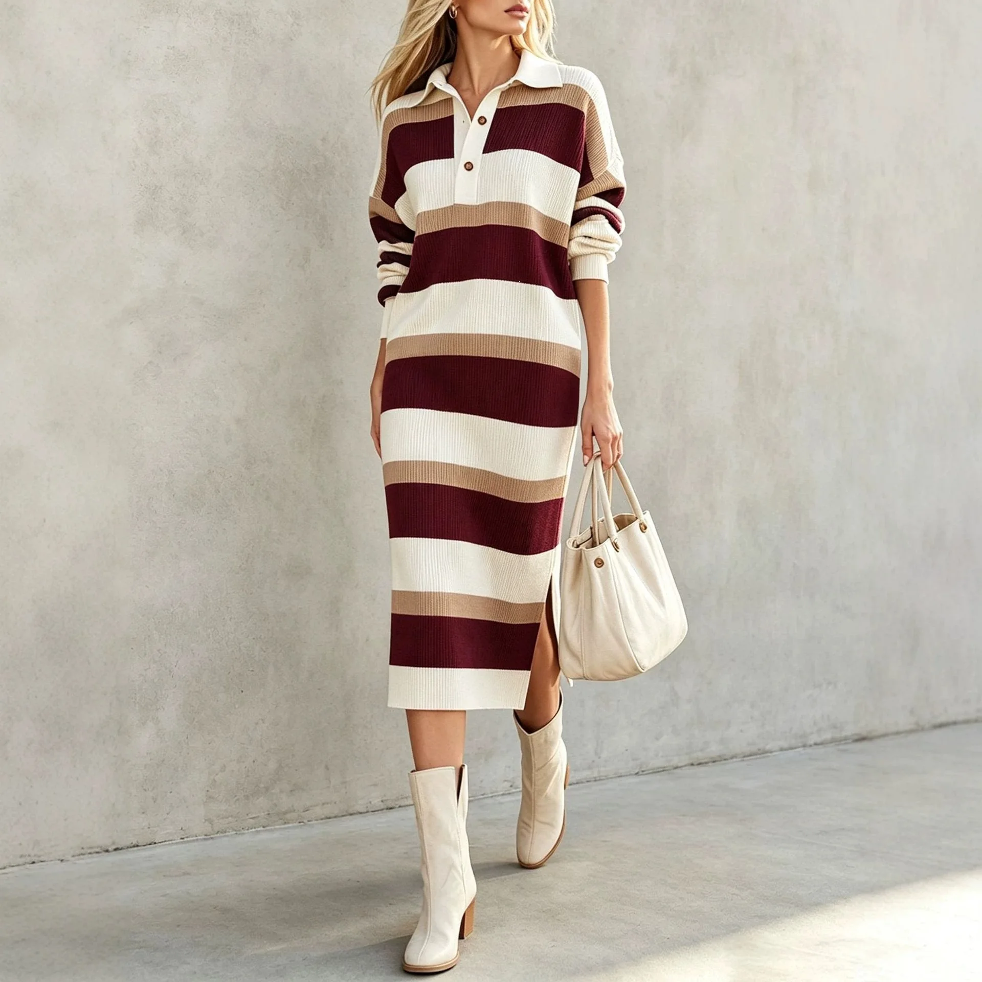 Gaun Rajut Wanita Motif Garis- - Winter Clothing H&M ulasan dan harga