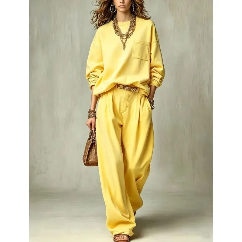 Women's Autumn Winter New Fashion Casual Set Solid Color Long Sleeve Set Wide Leg Pants Long Pants Casual Two Piece Sets Women