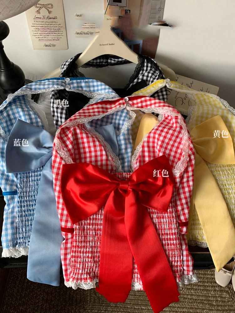 Hong Kong style Lace Spliced Plaid Vest Women 2025 Summer Sweet Bow V Neck Backless Crop Top Slim Fit Versatile Checkered Top