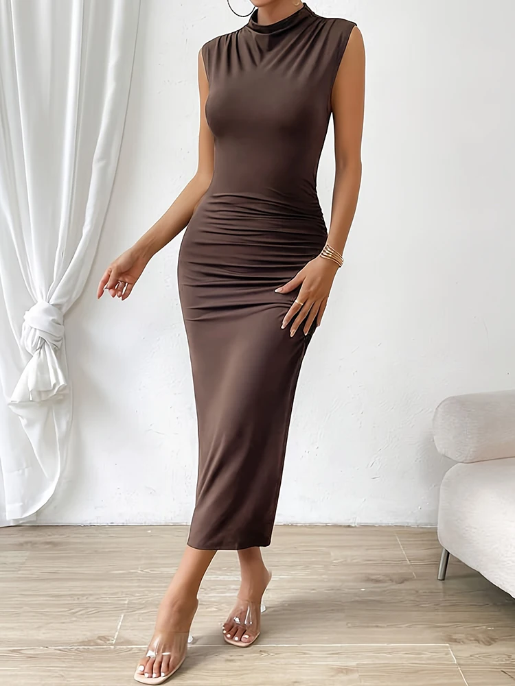 Fashion Elegant Women\'s Long Dress Solid Coffee Color Small Stand Collar Sleeveless Long Tight Pleated Slit Hip Dress