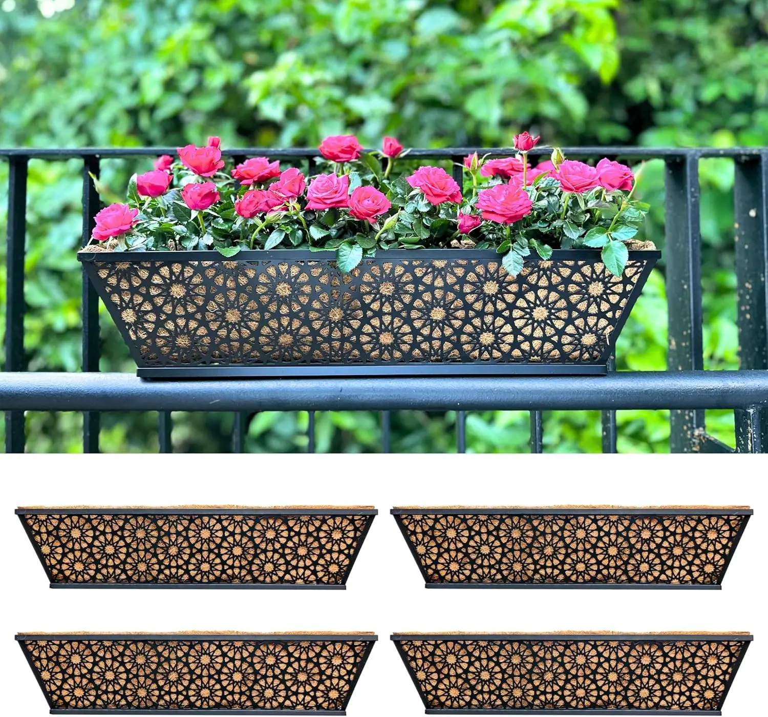 

24 Inch Large Fence Hanging Planters, 4 Pack Metal Deck Railing Flower Box with Coco Liner for Outdoor Plants Balcony Patio
