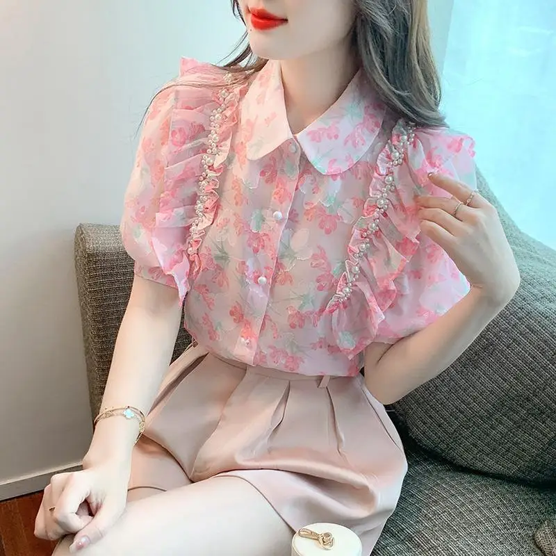 Summer Women Beading Short Sleeve Printed Shirt Vintage Blouse 2025 Female Korean Version of Sweet Ruffled Shirt Exquisite Top