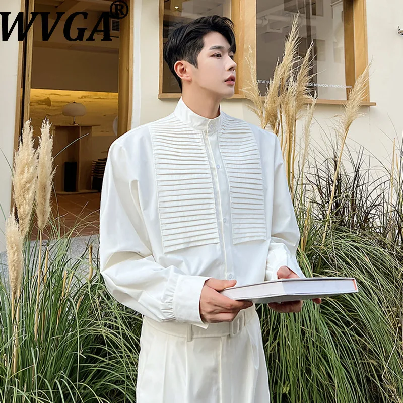 

WVGA Spring Summer New Men Tide High-End Pleated Patchwork Elegant Stand Collar Tops Niche Chic Casual Long Sleeve Shirts W17396