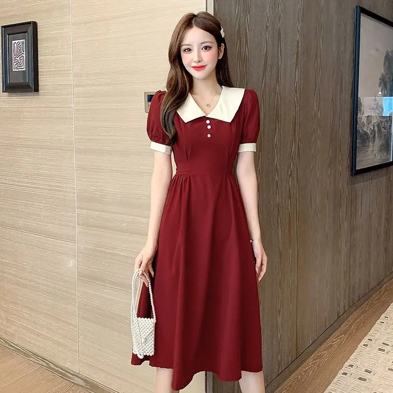 French Vintage Slimming Long Dress Hepburn Style Pure Color A-Line Skirt Short Sleeve Baby Doll Collar Waist Belt First Love