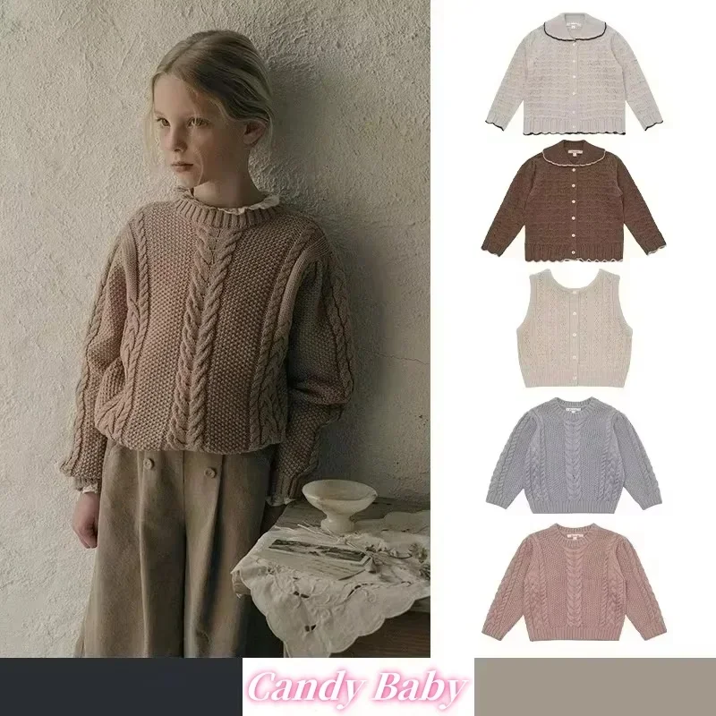 

In Stock! Girls Sweater 2025 Early Spring New LOU Girl's Long Sleeve Woolen Coat Solid Color Cardigan Sweater Coat Knitted Vest