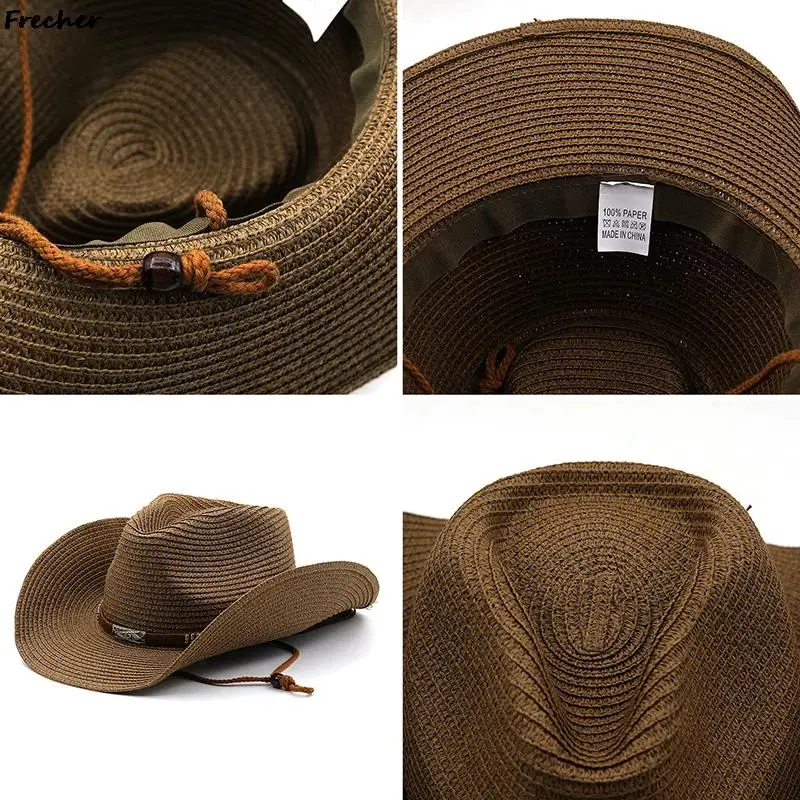 Men Western Cowboy Hat Straw Knight Sun Hats Male Retro Beach Caps Summer Holiday Travel Fedora UV Protection Riding Gorras