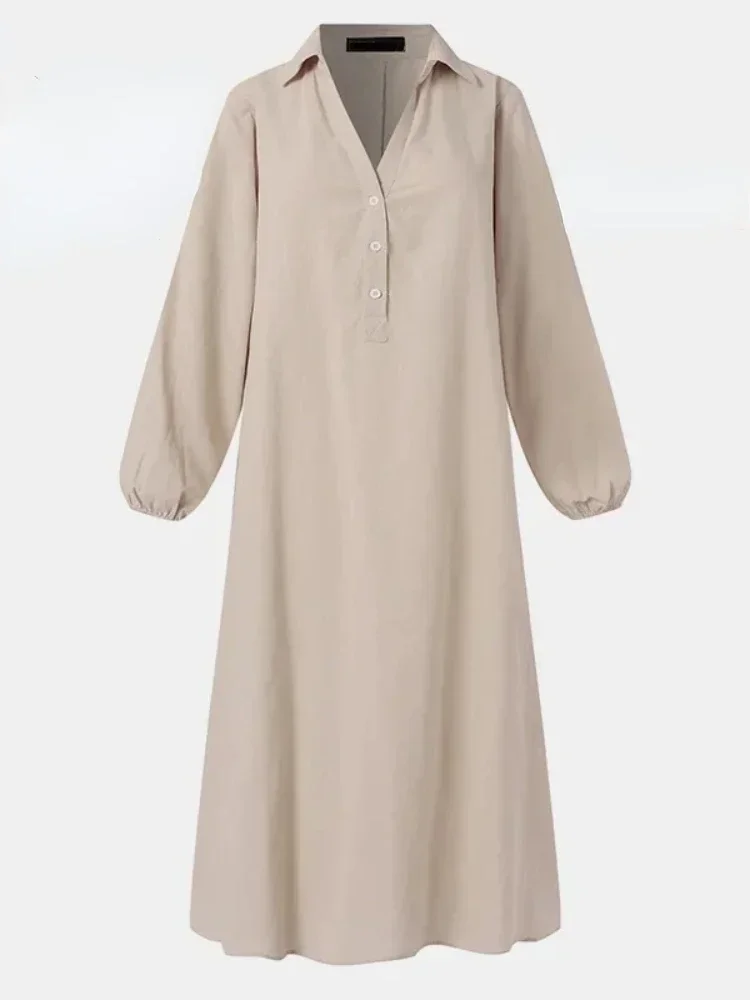 2024 Summer Fashion Cotton and Hemp Long Casual Solid Color Plus Size Dress V-neck Elegancki półotwarty damski szlafrok z długim rękawem