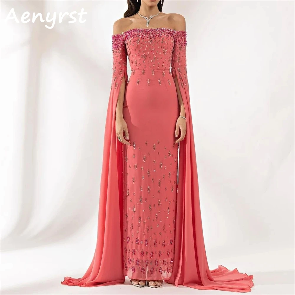 Aenyrst Watermelon Red Boat-Neck Beaded Prom Dresses customized Off The Shoulder Evening Gowns Half Sleeve Sequined Party Dress