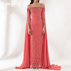 Aenyrst Watermelon Red Boat-Neck Beaded Prom Dresses customized Off The Shoulder Evening Gowns Half Sleeve Sequined Party Dress