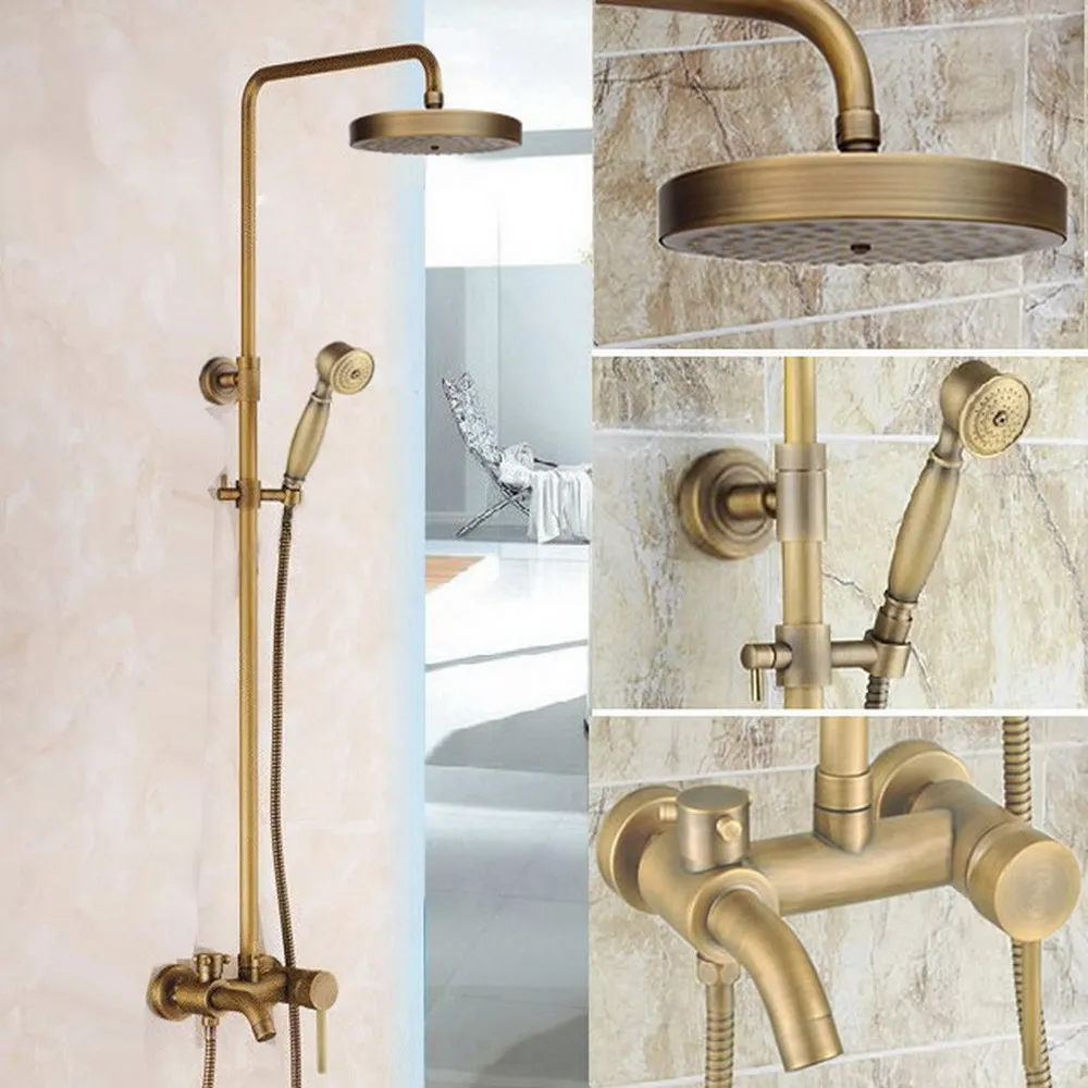 

Antique Brass Rainfall Round Showerhead Bathroom Shower Mixer Taps Wall Mount Tub Shower Faucet with Handshower