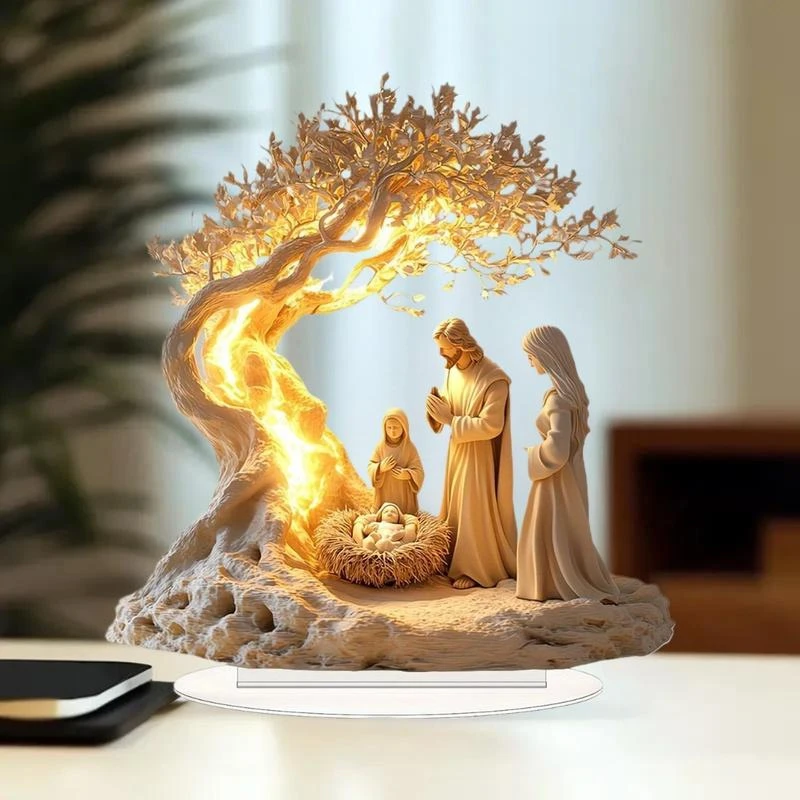 2 قطعة الإبداعية 2026 رائجة البيع الاكريليك 2D يسوع ولادة وشجرة الحياة سطح المكتب زخرفة-عيد الميلاد المسيحي المنزل مكتب هدية حفلة