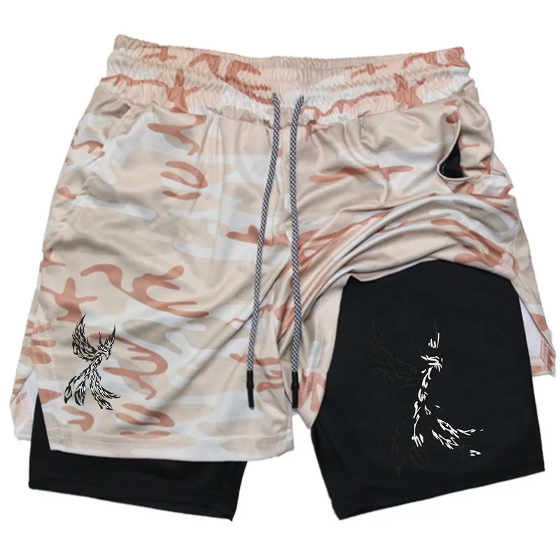 Phoenix Print 2 in 1 Running Shorts Men's Gym Fitness Training Quick Dry Short Pants Male Outdoor Sport Jogging Pocket Bermuda
