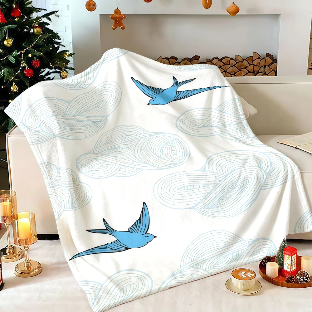 Light Blue Cloud Blue Swallow Line Art Flannel Blanket Soft Fuzzy Plush Cozy Lightweight Throw for Sofa Bed Couch