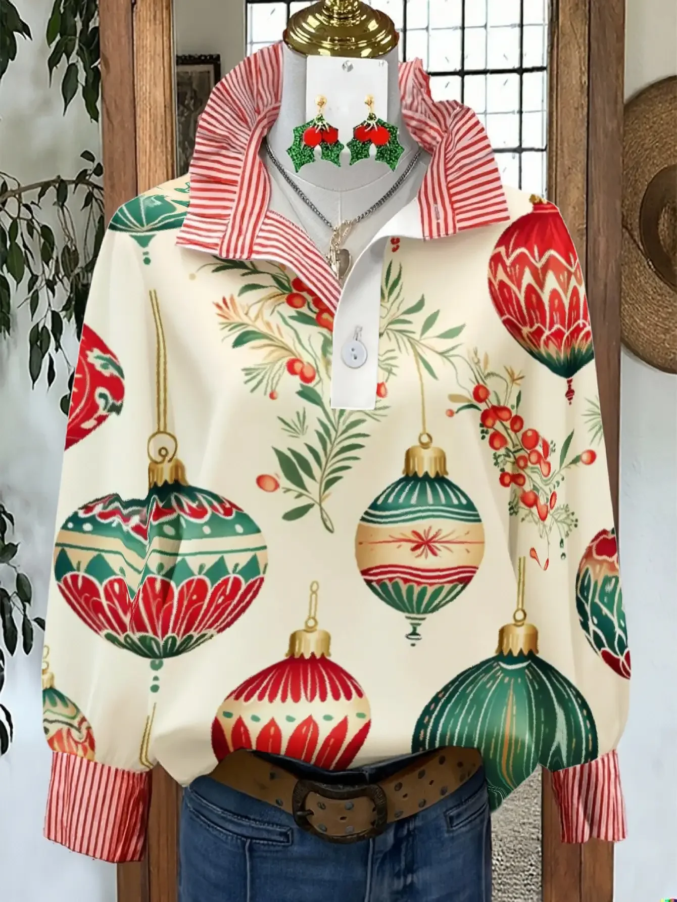 Women's Spring and Autumn Winter Collection Women's Stand up Collar Shirt Long Sleeve, Vintage Printed Holiday Travel Essential,