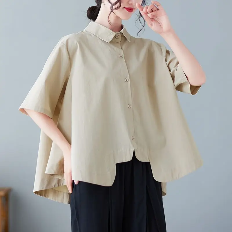 2024ใหม่เสื้อสำนักงานผู้หญิงหลวมลำลองเสื้อผู้หญิงแฟชั่นหรูหราไม่สม่ำเสมอสีทึบปกแขนสั้น Y2K ชิค