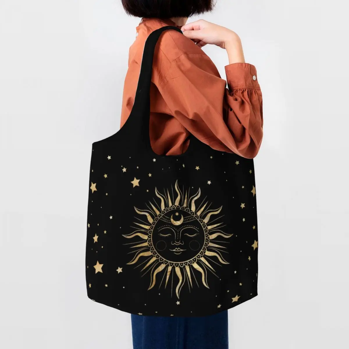 Custom Sun And Moon Celestial Gold Art Groceries Tote Shopping Bags Women Canvas Shoulder Shopper Bag Large Capacity Handbags