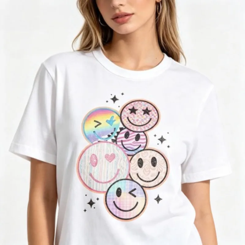 Women Cotton Crew Neck T‑Shirt Y2K Colorful Smiley Face Graphic Tee Retro Leopard Checker Print Short Sleeve Casual Tops