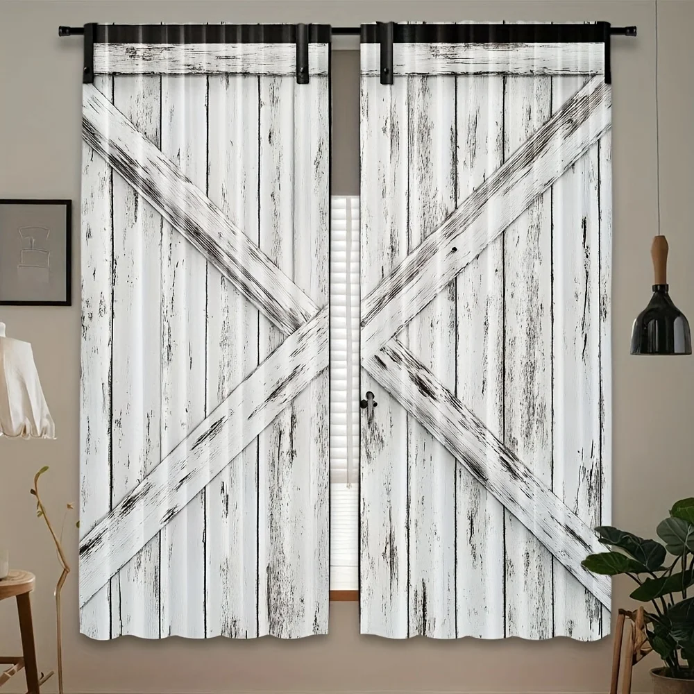 Rustic Farmhouse Barn Door Curtain Panels Distressed Wood X Cross Shiplap Polyester Window Treatment Curtain Decor Home Accent D