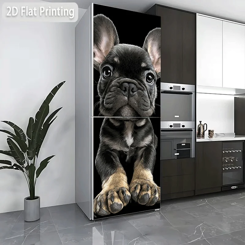 Refrigerator Sticker [60×180 Cm] Cute Little Black Bull, Round-Eyed Silly French Bulldog, Palm-Sized Cute Bulldog, Black And B
