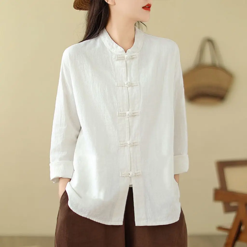 Women Chinese Style Cotton Linen Blouse Spring Autumn Loose Retro Stand Collar Frog Button Shirt, Elegant Oriental Casual Top